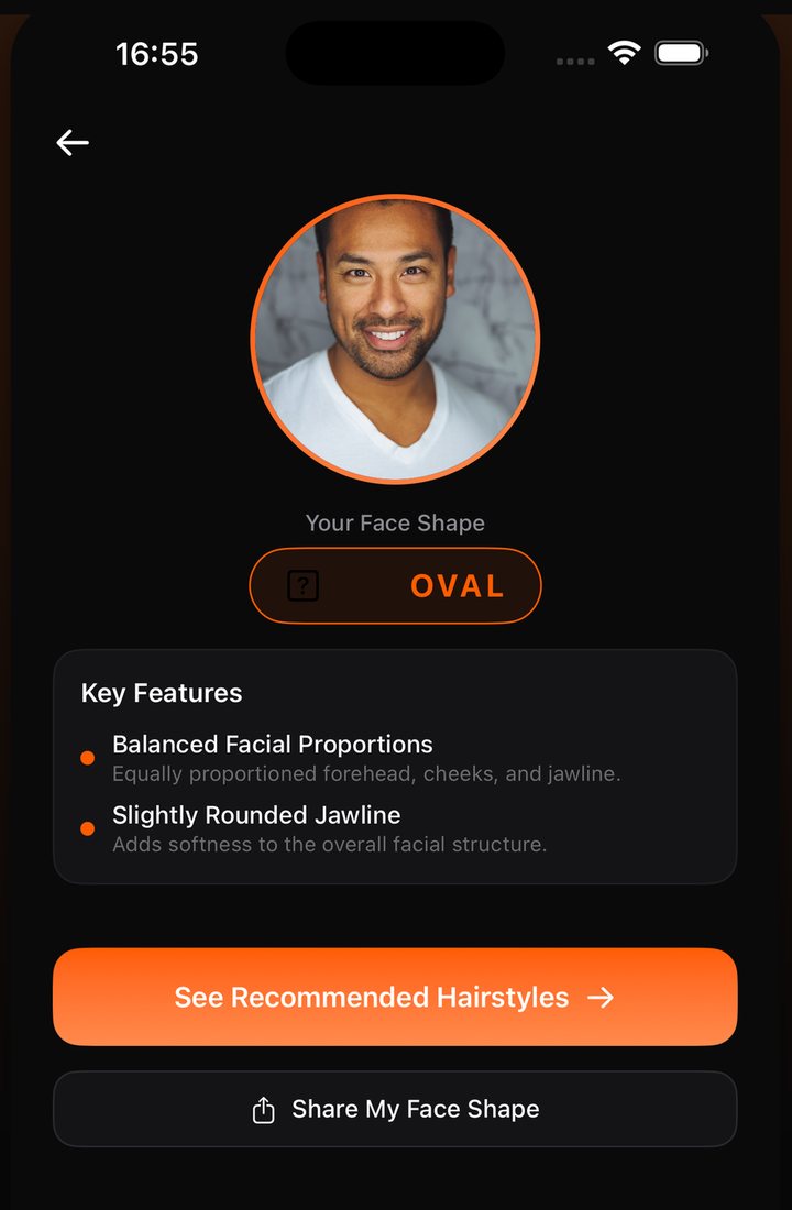 Face shape analysis result screen in HairMatch AI showing an oval classification with key features listed