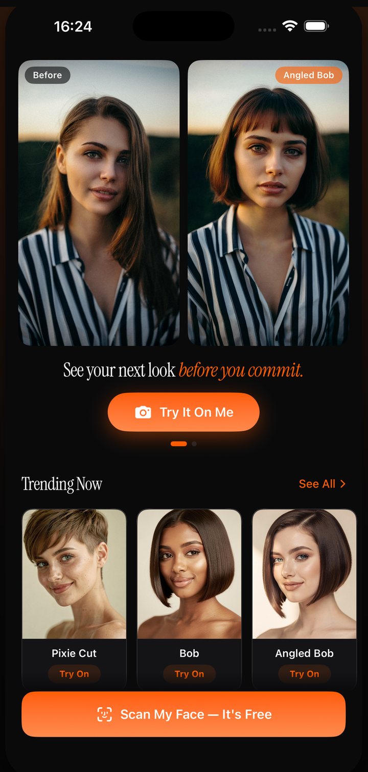 HairMatch AI screen displaying an original photo beside an AI hairstyle preview