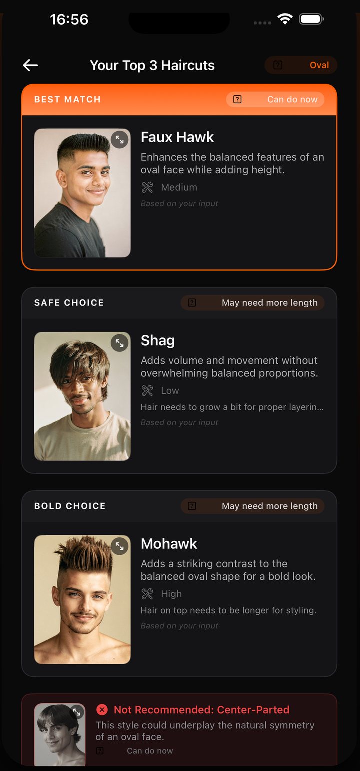 HairMatch AI recommendation screen with Best Match, Safe Choice, Bold Choice and a style to avoid